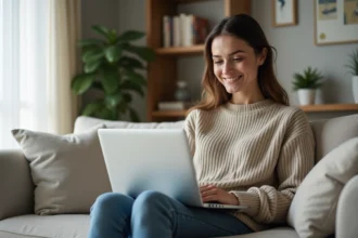 Jeune femme souriante avec ordinateur dans un salon lumineux