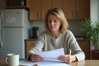 Femme d'âge moyen examine des documents de location à la maison