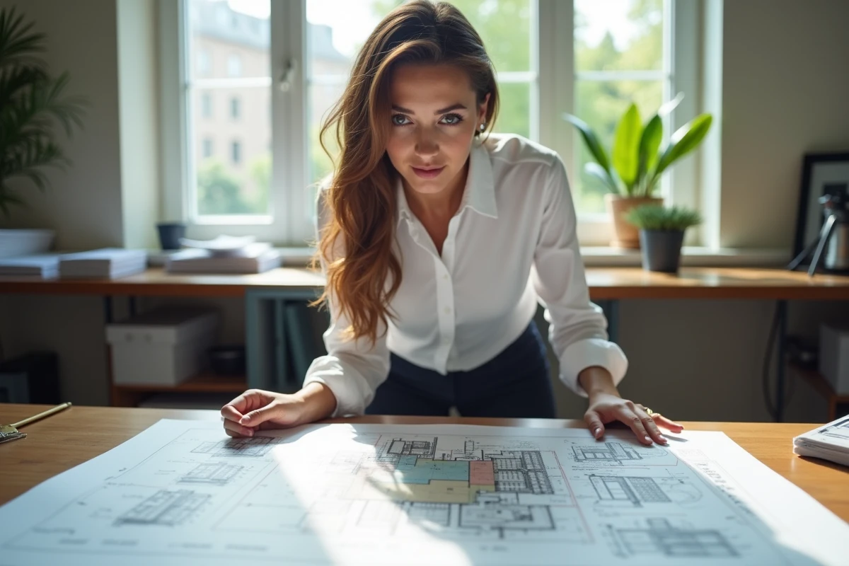 Femme lisant un plan dans un bureau lumineux