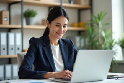 Femme utilisant un logiciel immobilier d'estimation en ligne sur son ordinateur portable dans un bureau à domicile moderne