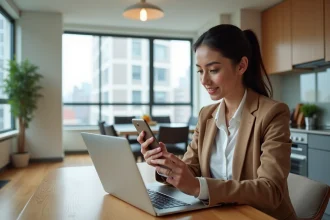 Femme en bureau comparant des annonces d'appartements