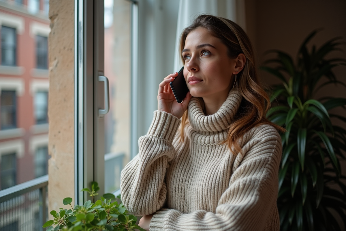 Jeune femme parlant au téléphone près de la fenêtre