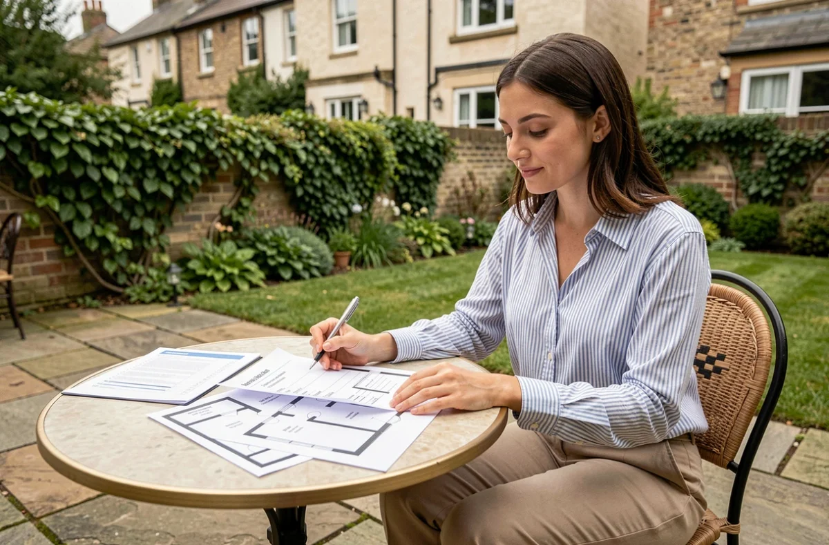 Femme consultant les plans d'un appartement T3 en rez-de-jardin depuis la terrasse du logement