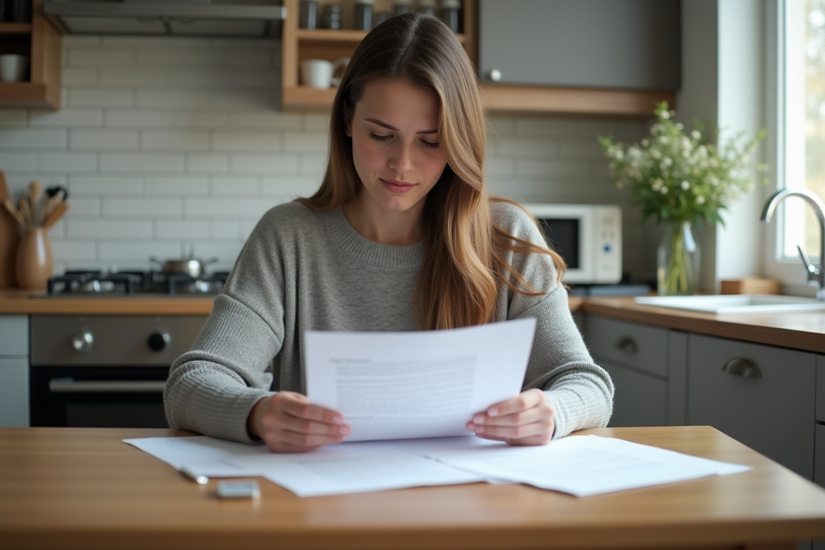 Jeune femme étudiant des documents de prêt immobilier