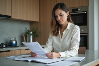 Femme professionnelle examinant des documents dans une cuisine moderne