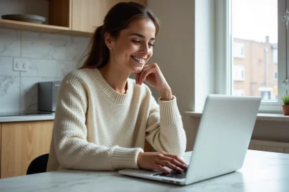 Jeune femme cherchant immobilier sur ordinateur dans une cuisine lumineuse