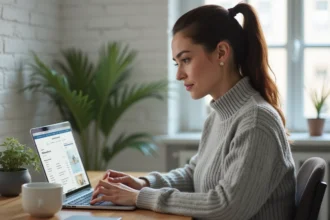 Femme consultant un site de recherche immobilière sur son ordinateur portable avec des filtres de disponibilité activés