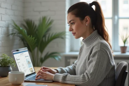 Femme consultant un site de recherche immobilière sur son ordinateur portable avec des filtres de disponibilité activés