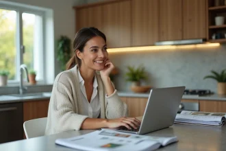 Femme souriante en cuisine moderne avec brochures rénovation
