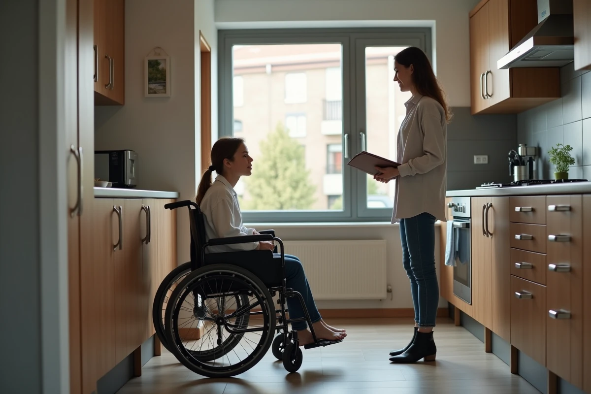 Jeune femme en fauteuil dans une cuisine inaccessible