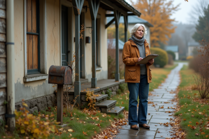 Femme d'âge moyen surveillant une maison abandonnée