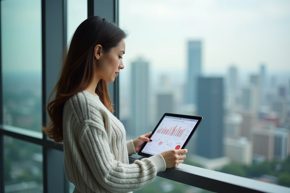 Jeune femme en extérieur regardant des graphiques sur une tablette