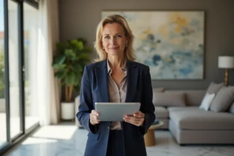 Femme sophistiquée tenant une tablette de valorisation immobilière