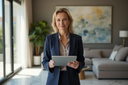 Femme sophistiquée tenant une tablette de valorisation immobilière