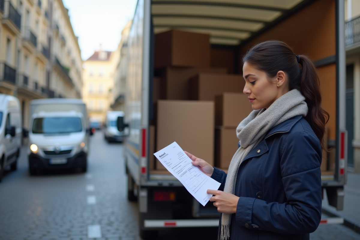 Jeune femme vérifiant une facture devant un camion de déménagement