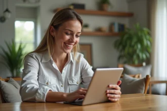 Femme souriante explorant une visite virtuelle de maison sur tablette