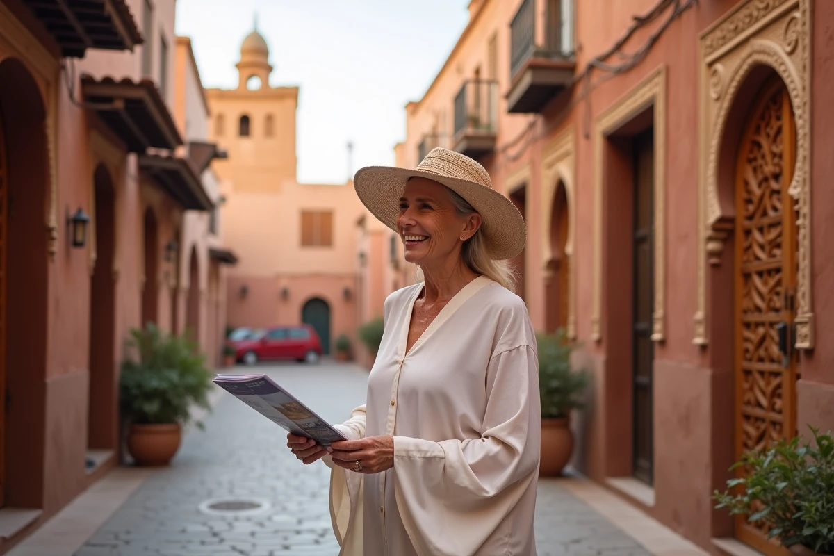 Femme retraitée visitant une maison à vendre dans la médina de Marrakech