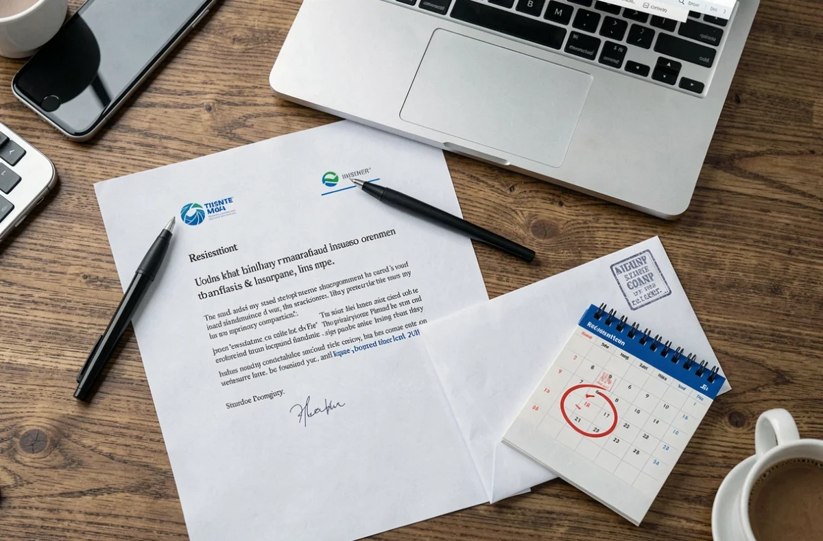 Flat-lay d'une lettre de résiliation d'assurance habitation avec enveloppe timbrée, stylo et calendrier sur un bureau en bois