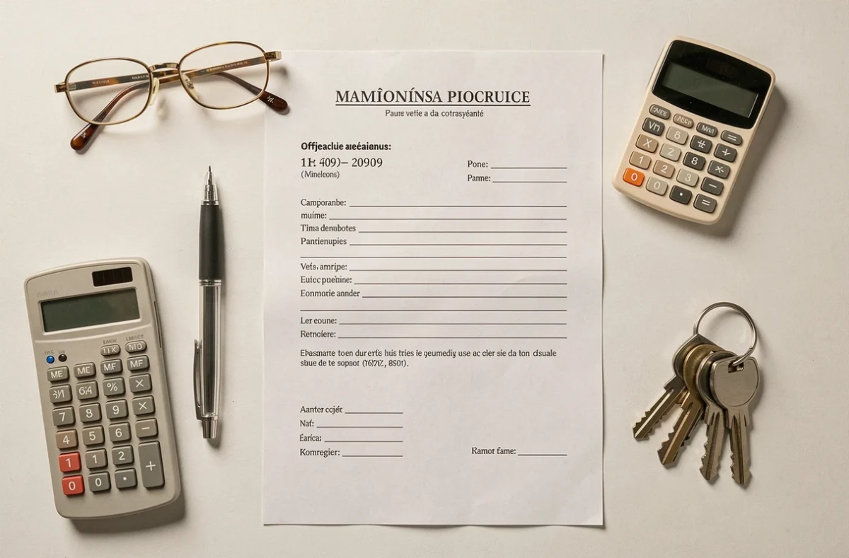 Formulaire pré-état daté vierge pour copropriété posé sur un bureau avec stylo, clés et lunettes