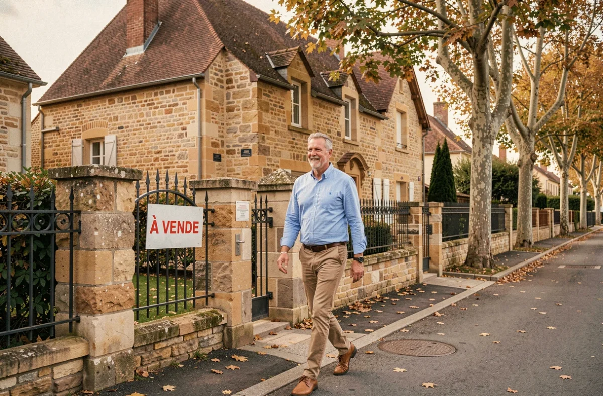 Agent de GB Immobilier effectuant une visite d'une maison en pierre à vendre dans un quartier résidentiel de Nevers