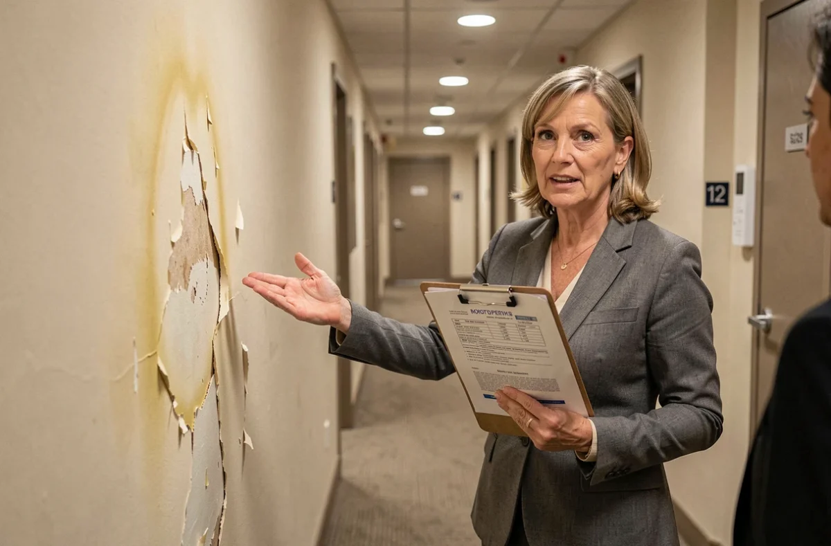 Gestionnaire de copropriété évaluant des dégâts des eaux sur un mur de couloir avec des documents d'assurance