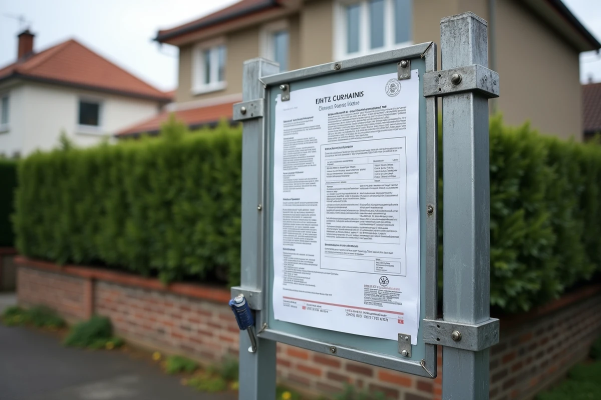 Gros plan sur un panneau d'affichage de permis de construire installé sur une clôture de chantier résidentiel