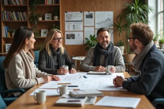 Groupe de quatre adultes discutant autour d'une table d'architecture