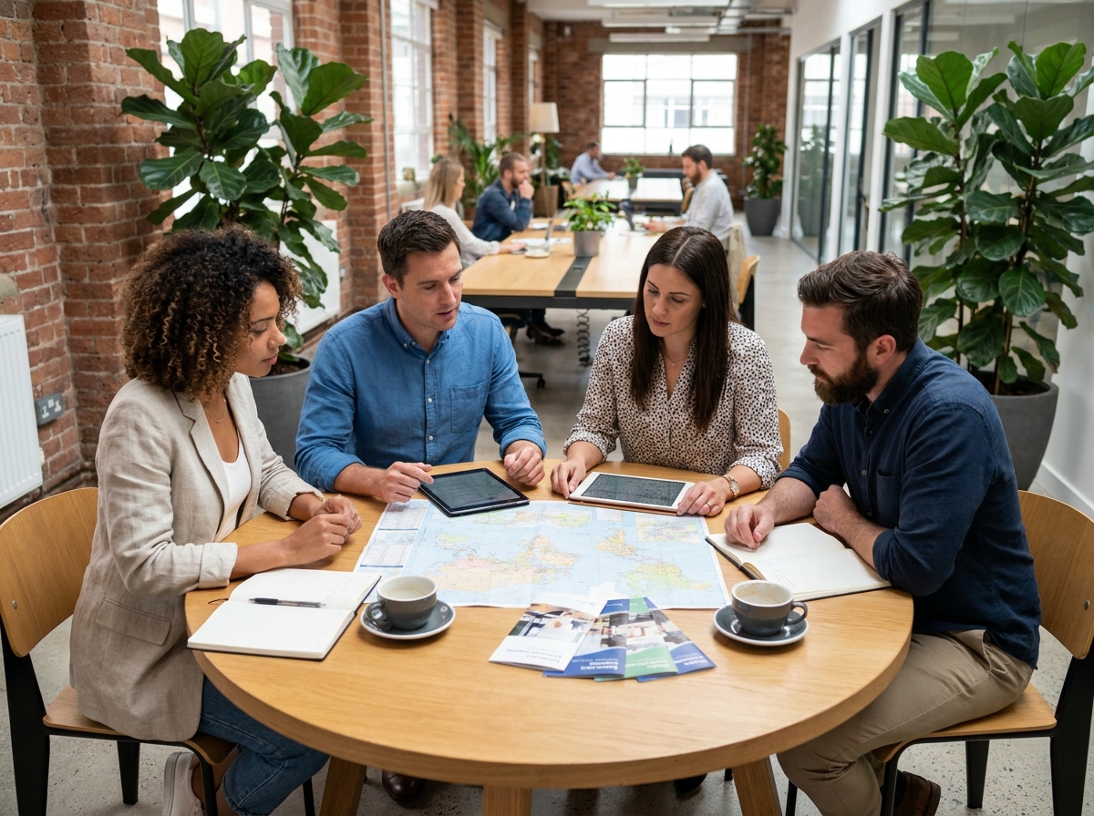 Groupe d'experts immobiliers européens collaborant autour d'une table avec cartes et documents dans un espace de travail moderne