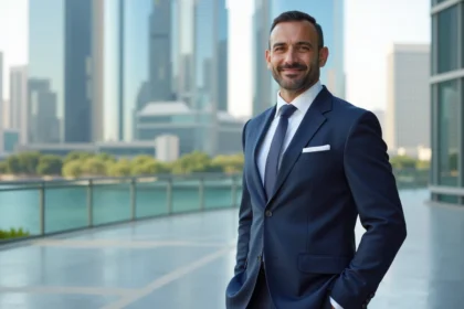Homme d'affaires en costume devant Almas Tower à Jumeirah
