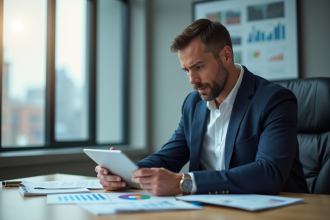 Homme d'affaires en costume regardant des graphiques financiers