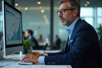 Homme d'affaires en costume analysant des graphiques financiers