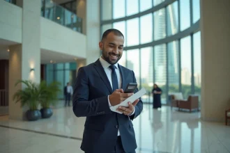 Homme d affaires moyen-oriental en costume dans un lobby moderne