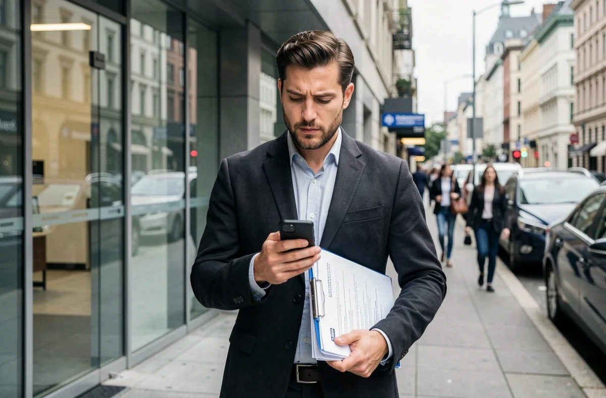 Homme devant une agence bancaire consultant son téléphone pour comparer les offres de prêt immobilier