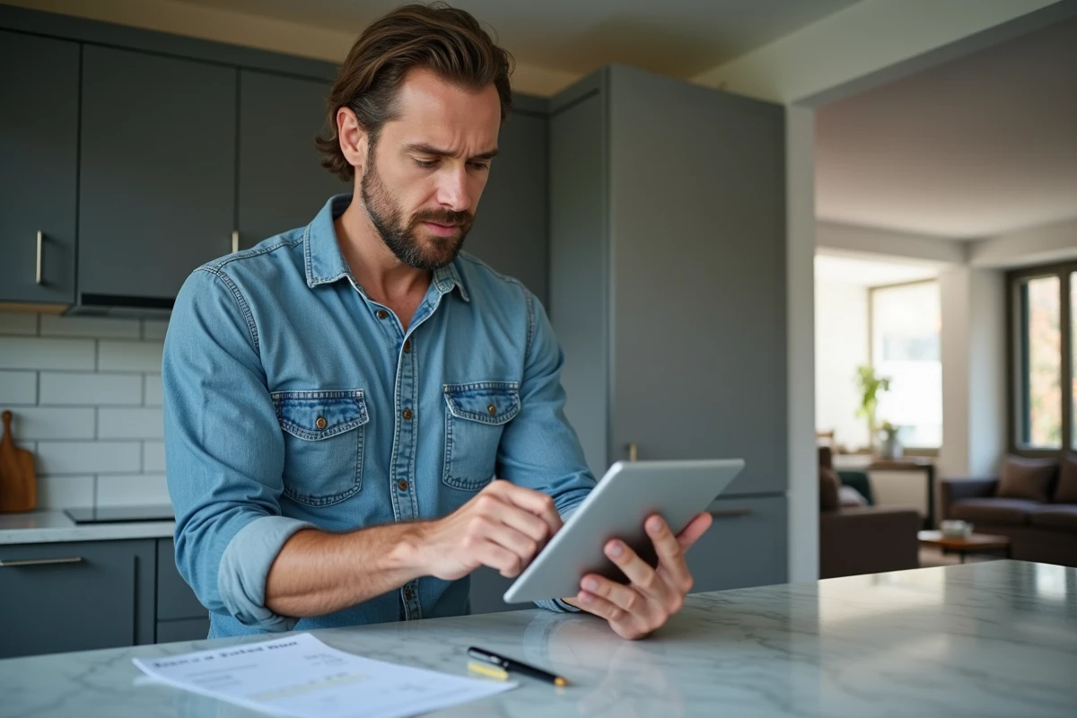 Homme en CDD consultant une simulation de crédit immobilier sur tablette dans sa cuisine moderne