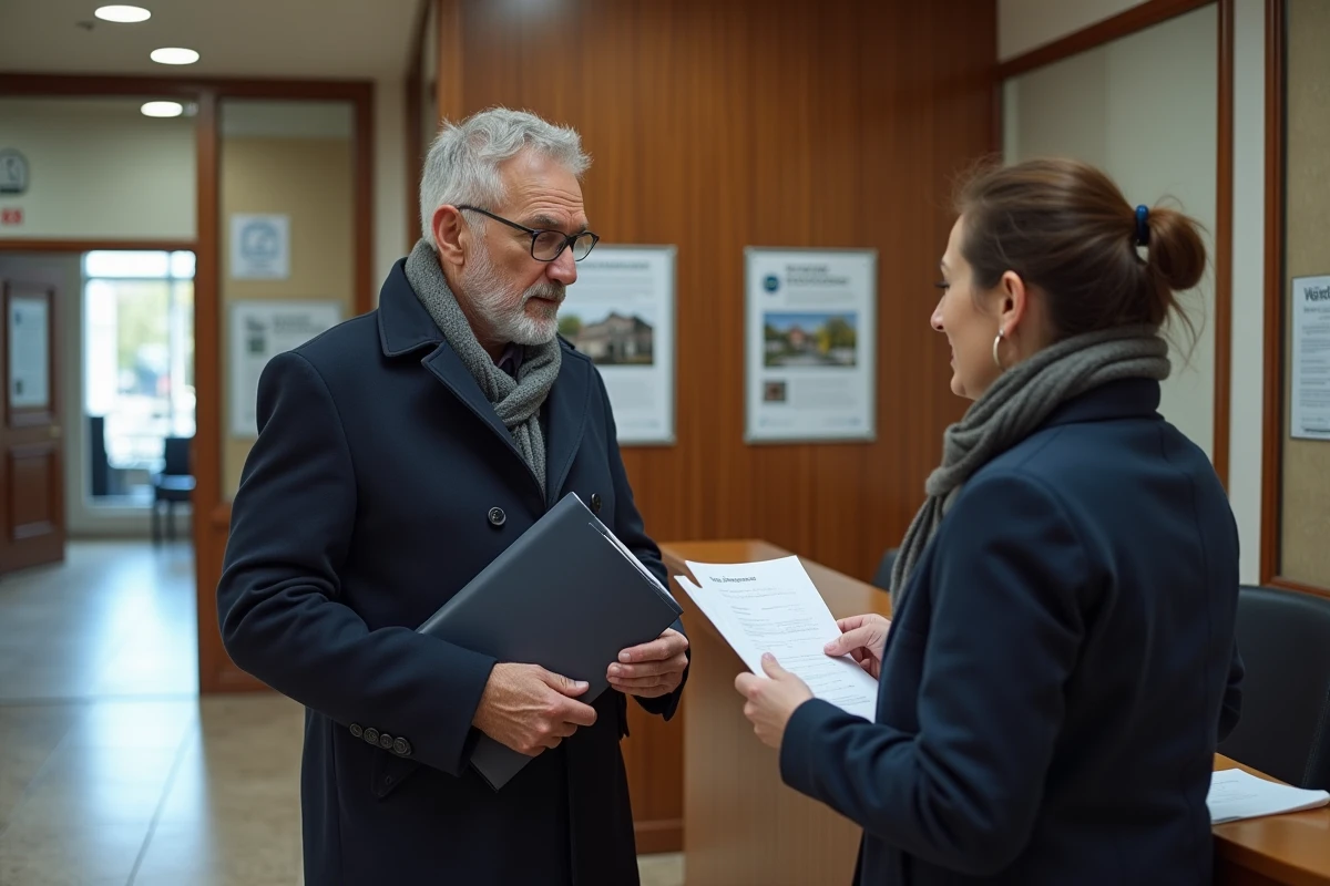 Homme discutant avec une agente de logement social à la reception