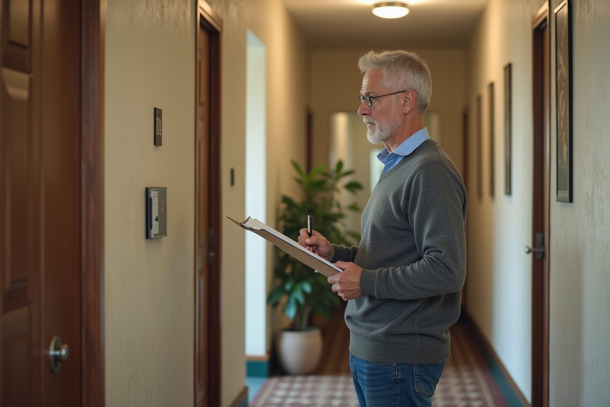 Homme en casual note dans un couloir d