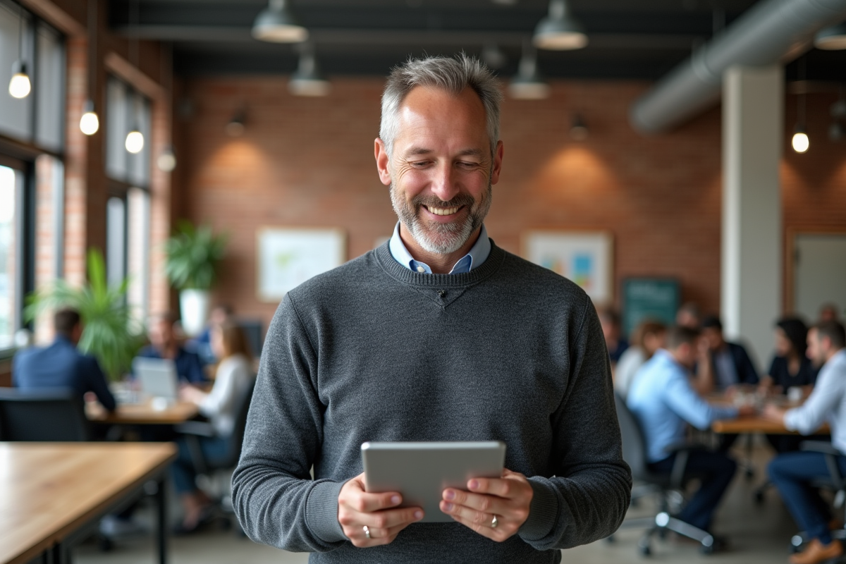 Homme décontracté utilisant une tablette dans un espace de coworking lumineux