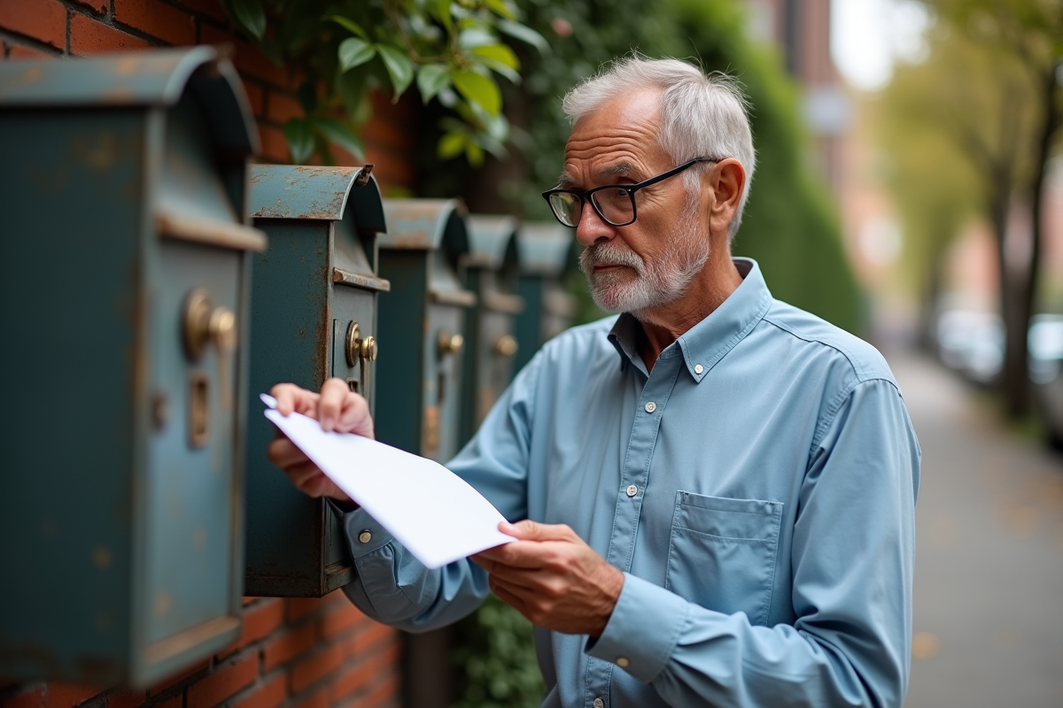 Homme dépose une lettre dans une boîte aux lettres urbaine