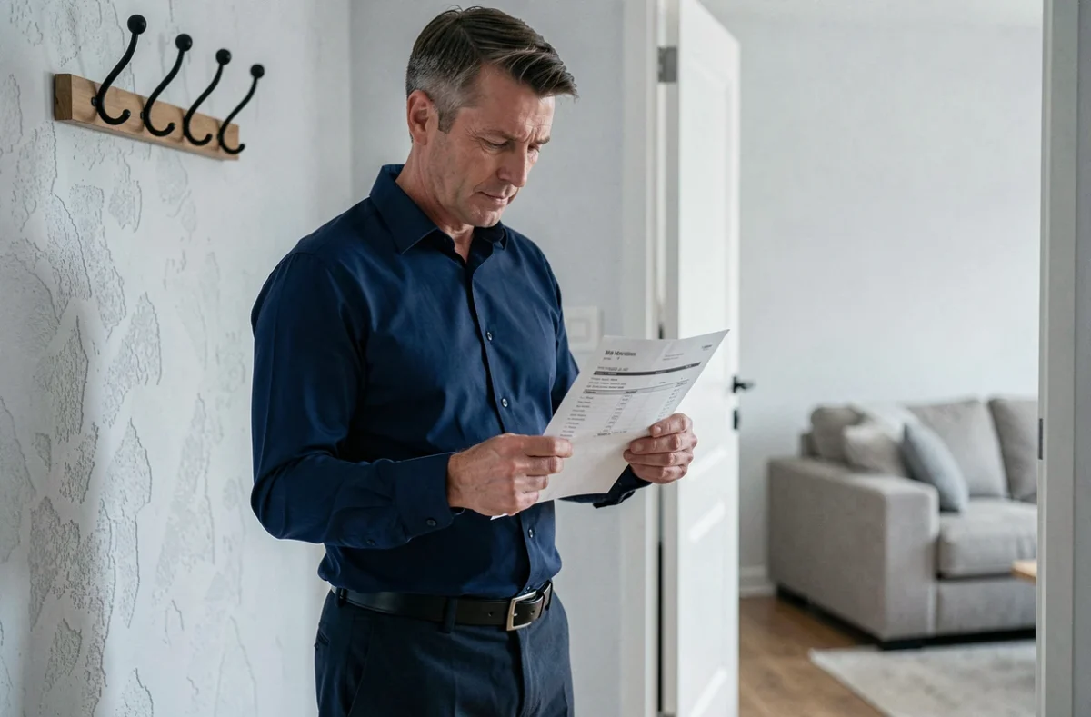 Homme consultant un dossier de location imprimé dans le couloir de son appartement