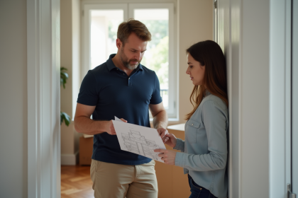 Homme et femme discutant dans un appartement neuf