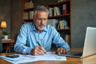 Homme d'âge moyen travaillant sur ses finances à domicile