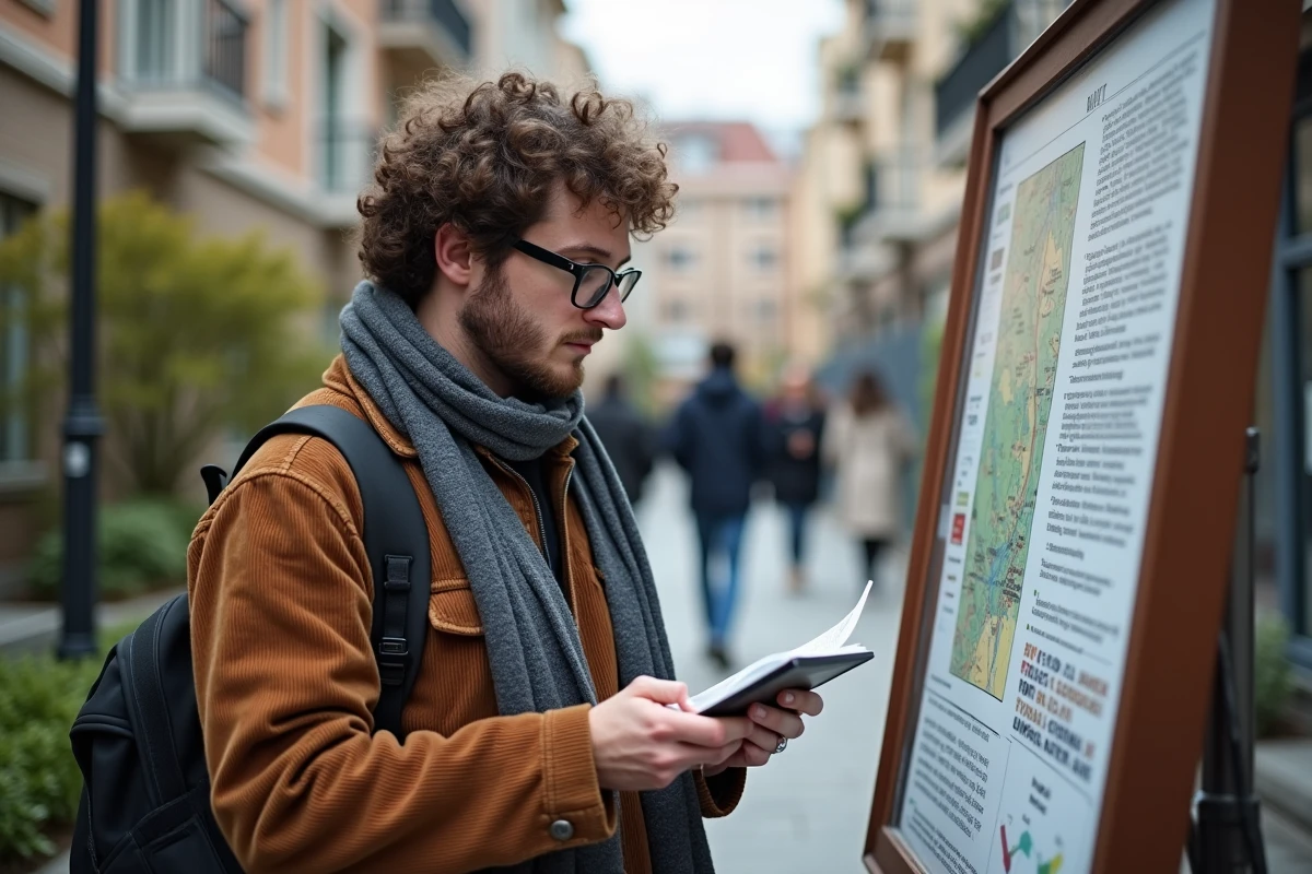 Jeune homme regardant une affiche dans la rue urbaine