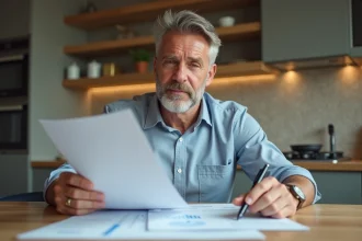 Homme d'âge moyen lisant des documents dans une cuisine moderne