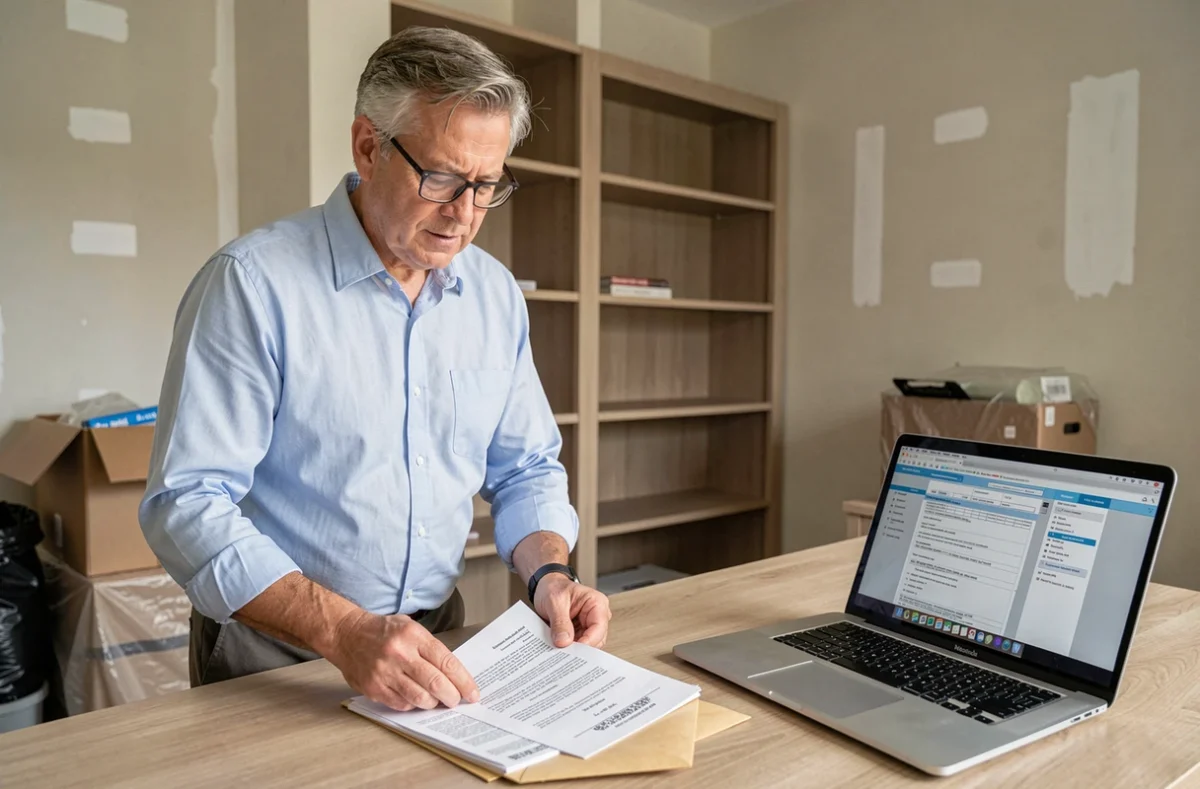 Homme consultant des documents d'assurance habitation avant de poster sa lettre de résiliation pour déménagement