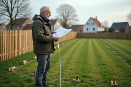 Homme mesurant un terrain avec plan dans un environnement rural