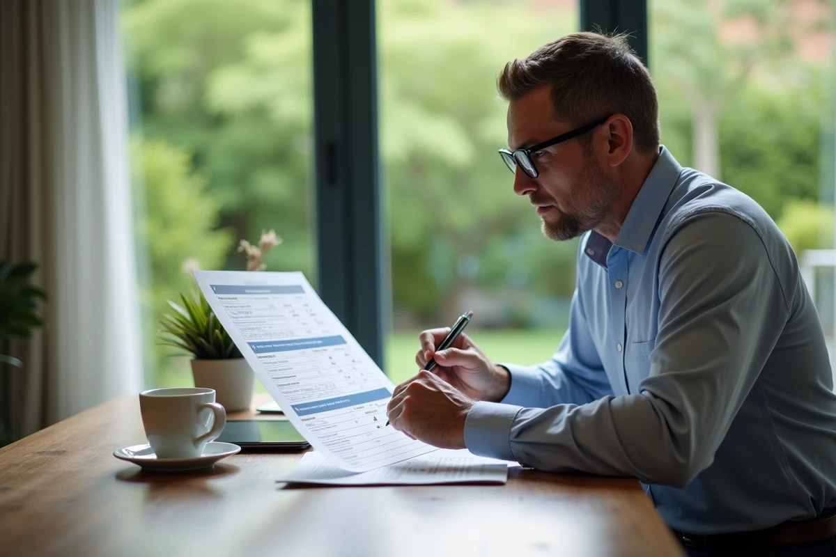Homme vérifiant simulation de frais notariaux à la maison