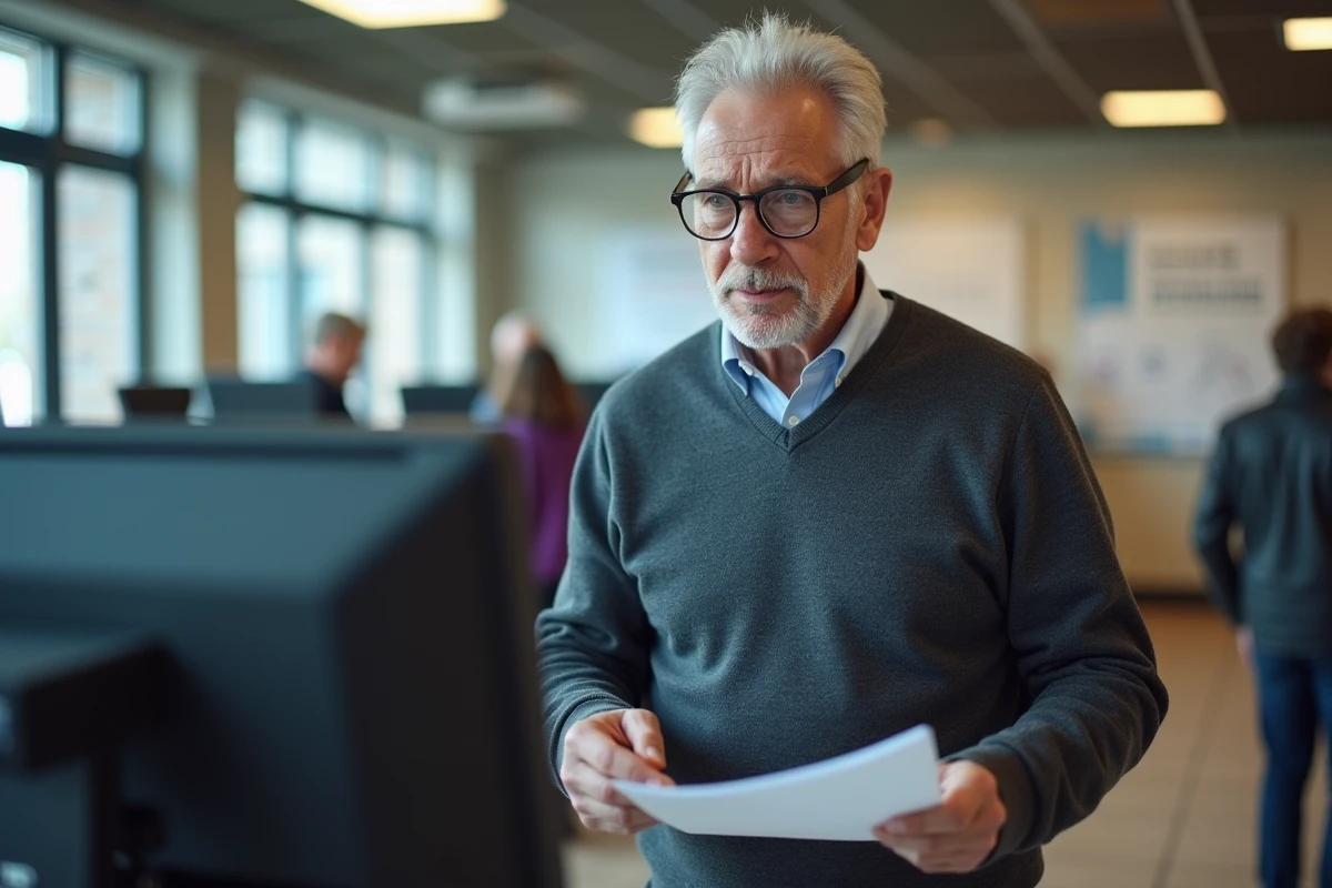 Homme âgé préoccupé utilisant un ordinateur dans une mairie