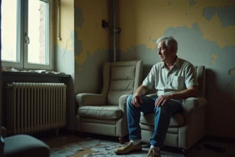 Homme avec prothese dans un appartement délabré