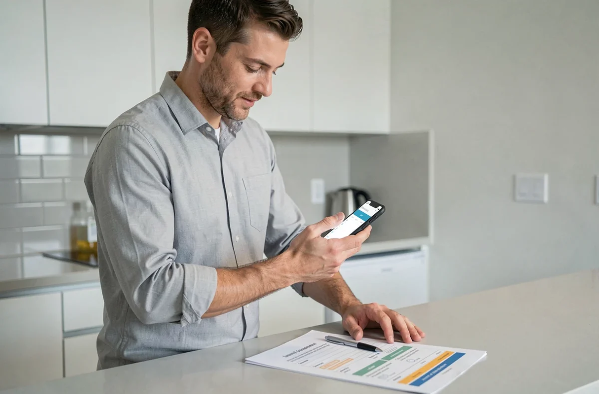 Homme consultant une application de recherche de logement sur smartphone avec une liste de candidatures imprimée sur le comptoir