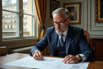 Homme en costume bleu examinant des plans dans un appartement parisien